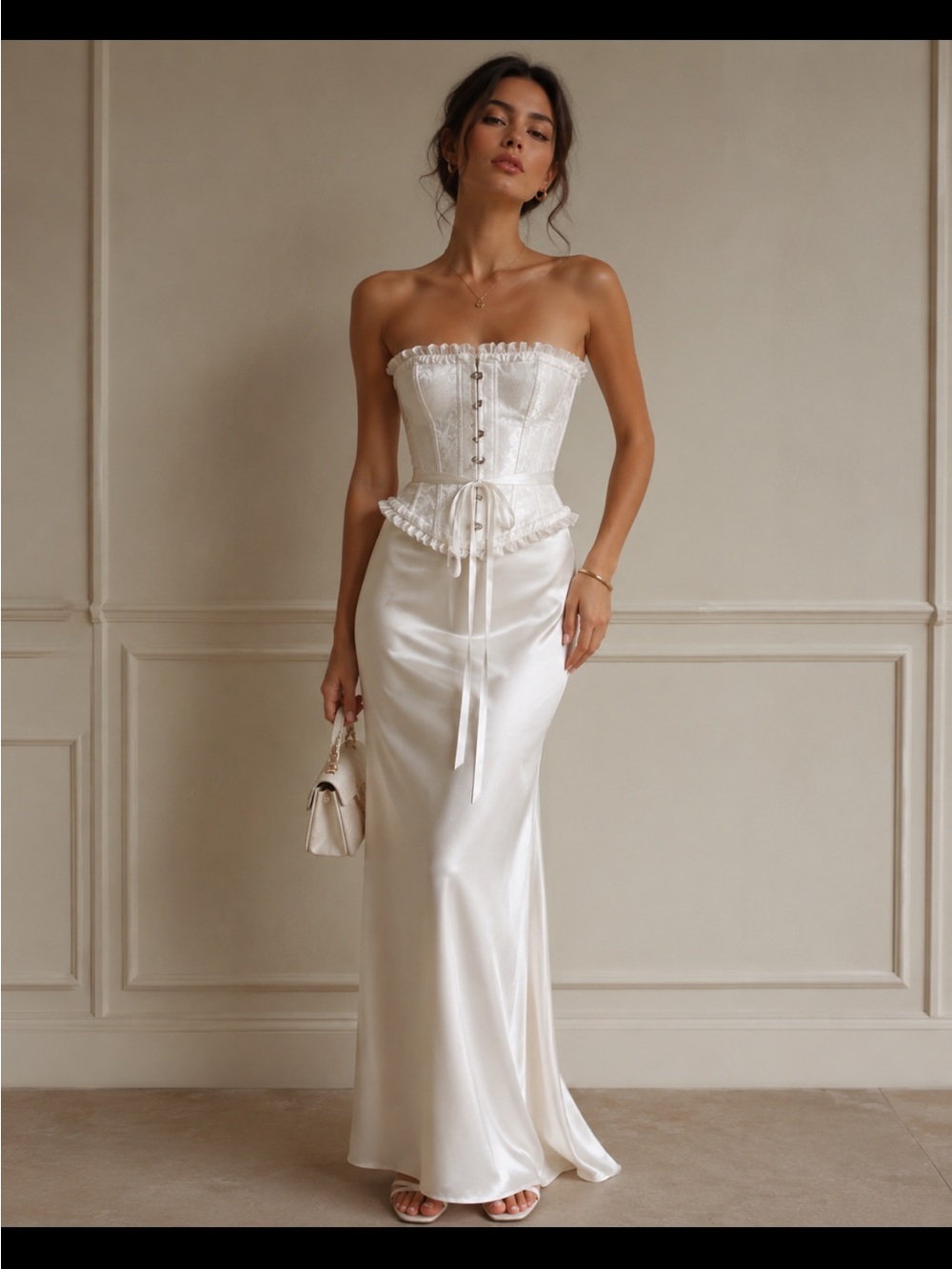 White Floral Brocade Strapless Corset Top